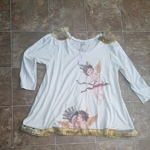 NWT Gil Santucci Embellished With Gkass  Gold Fringe Angel Graphics Size Medium